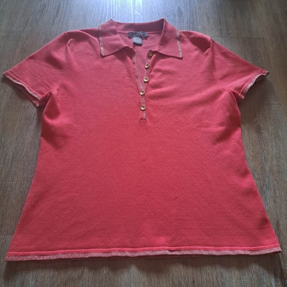 Kenar Short-sleeve Silk Sweater Orange Shimmering Trim Button-Down Top Women Lrg